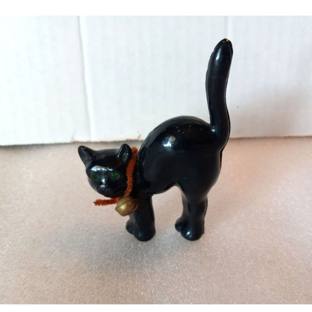 3.75" MCM Black Cat Figurine with Green Rhinestone Eyes & Bell Collar Halloween